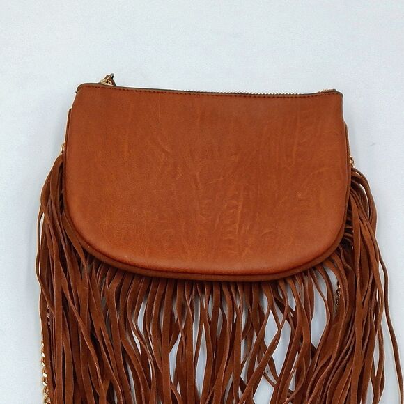 Aldo Brown Fringed Crossbody Bag Zippered Chain Faux Leather 8 Inch Boho - Picture 5 of 14